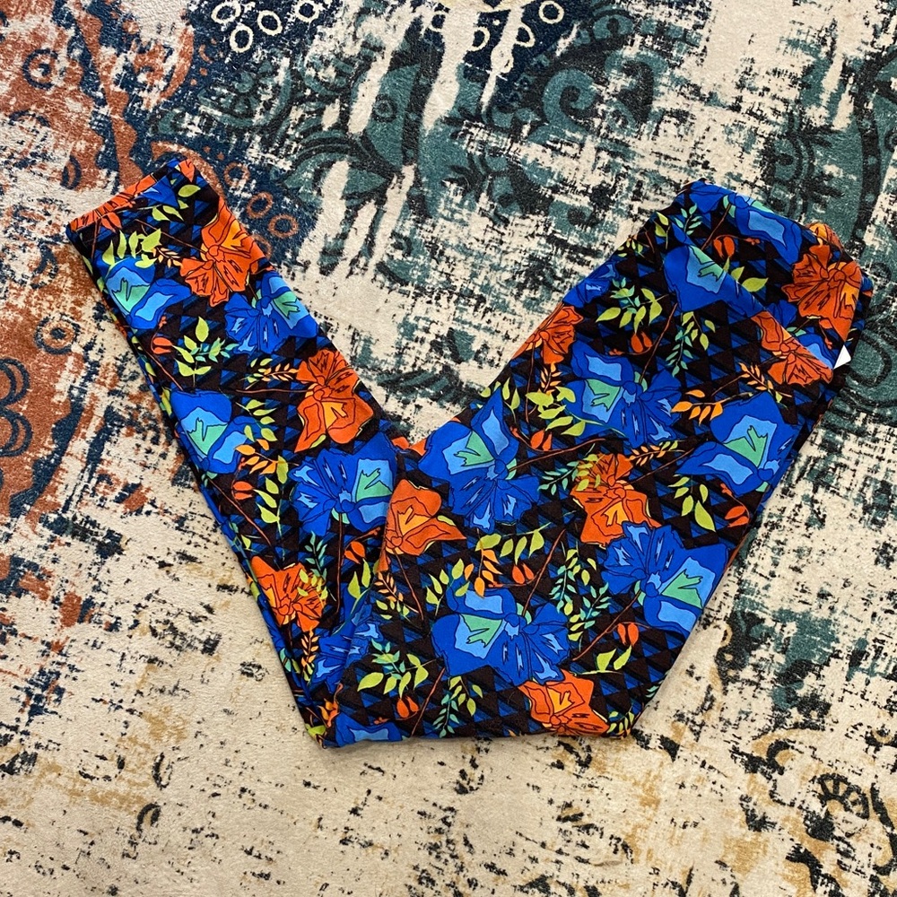 LuLaRoe Blue and Orange Patterned Leggings Tall Curvy